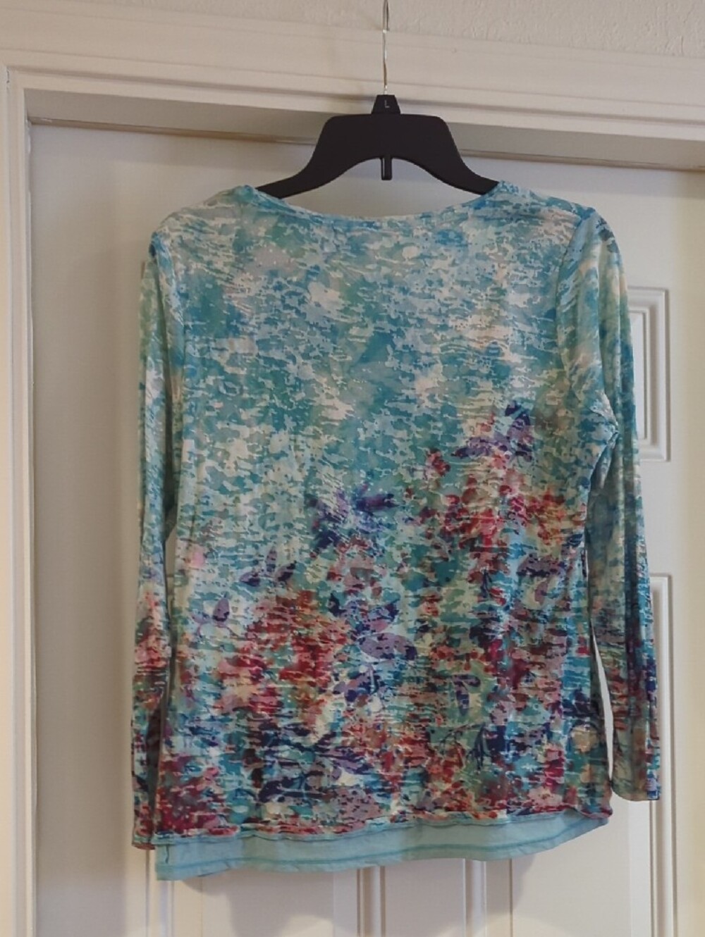 Coldwater Creek Aqua Multicolor Floral Wash Long-Sleeve Top - Picture 2 of 6